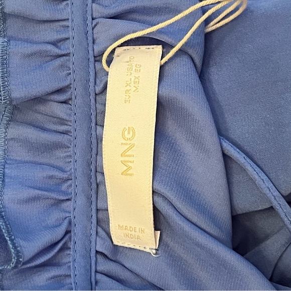 MANGO Blue Solid Tie-Up Neck Ruffles Detail Satin Blouson Top Women’s Size 10 - Picture 8 of 11